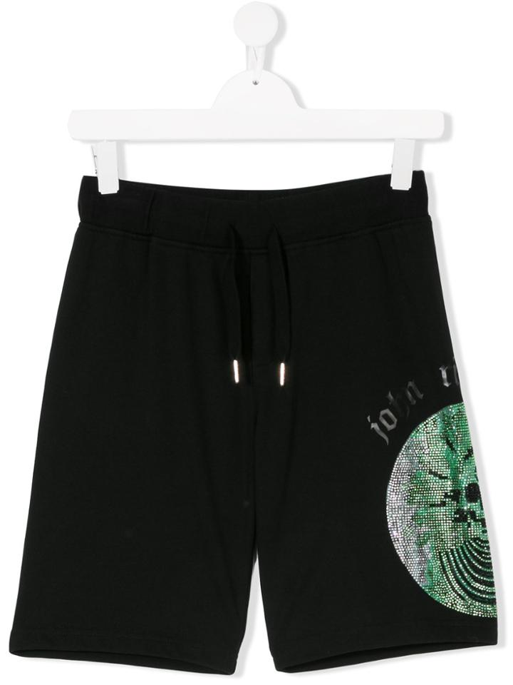 John Richmond Kids Teen Embellished Skull Print Track Shorts - Black