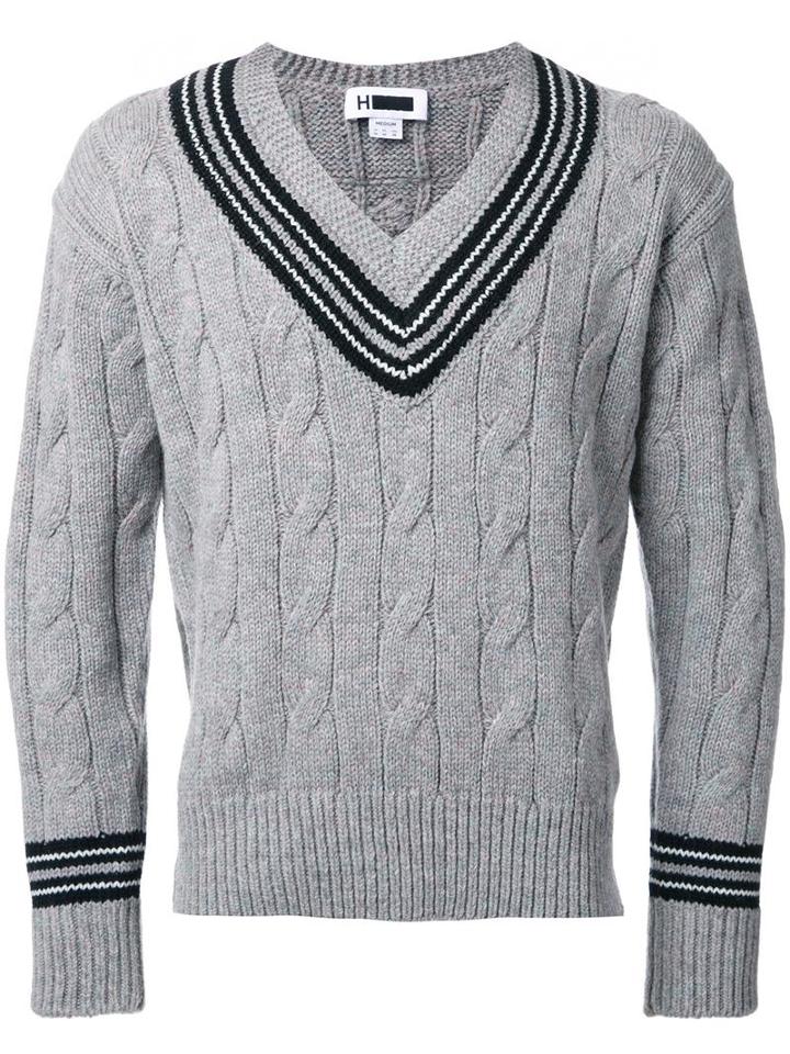 H Beauty & Youth Cable Knit V-neck Jumper, Men's, Size: Medium, Grey, Wool