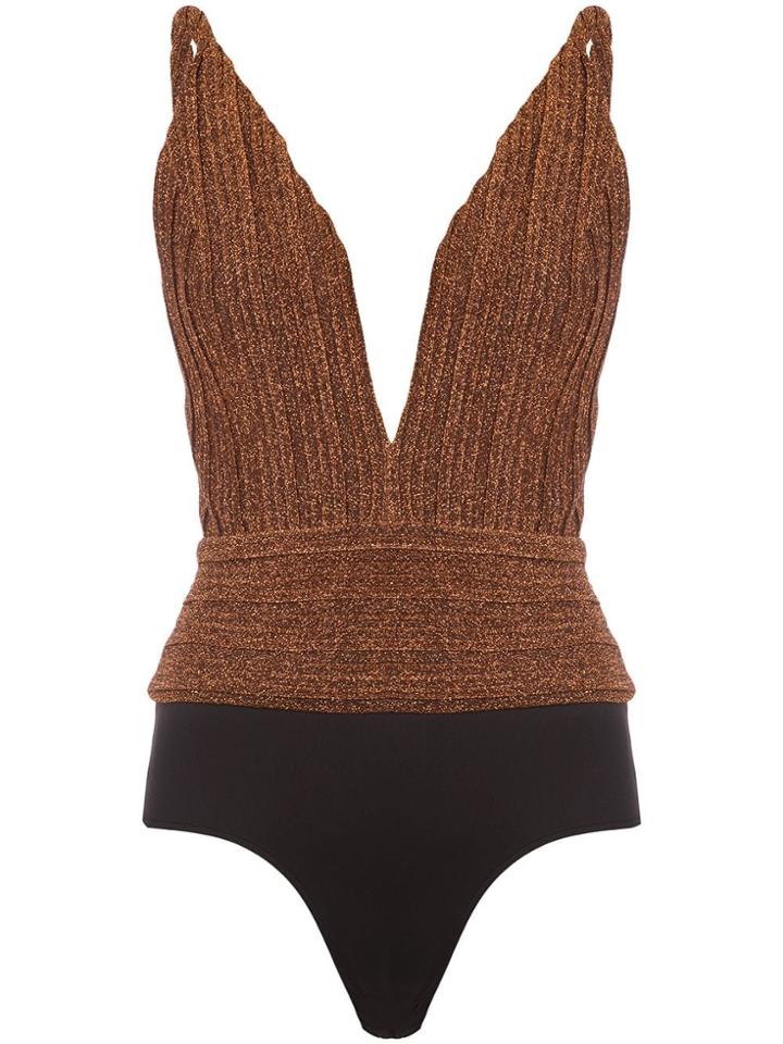 Patbo Lurex Deep V-neck Bodysuit - Brown
