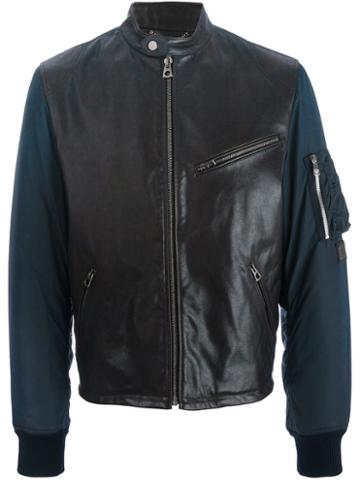 Dolce & Gabbana Bomber Sleeve Leather Jacket, Men's, Size: 46, Black, Polyester/bos Taurus/nylon
