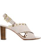 Chloé Scallop Detail Sandals, Women's, Size: 38.5, Grey, Suede
