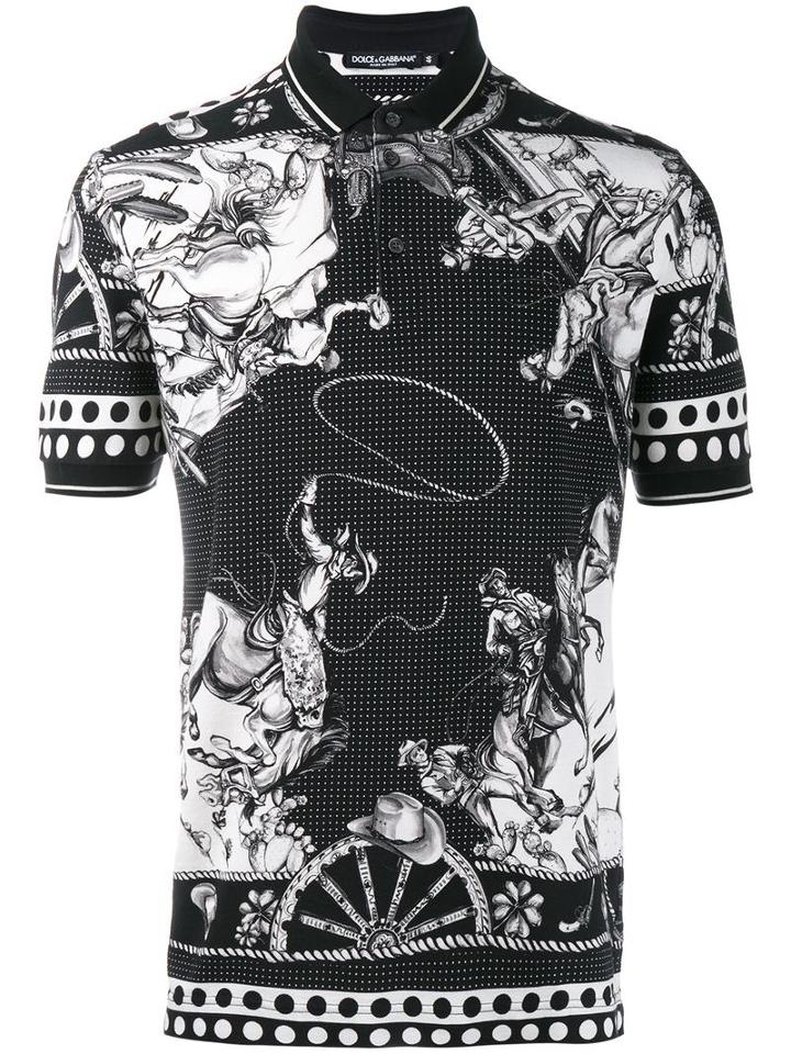 Dolce & Gabbana Western Print Polo Shirt, Men's, Size: 52, Black, Cotton