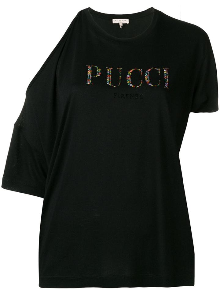 Emilio Pucci Cutout Shoulder Crystal Logo T-shirt - Black