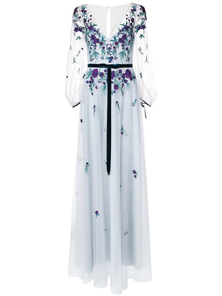 Marchesa Notte Embroidered Sheer Sleeve Dress - Blue