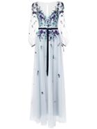 Marchesa Notte Embroidered Sheer Sleeve Dress - Blue