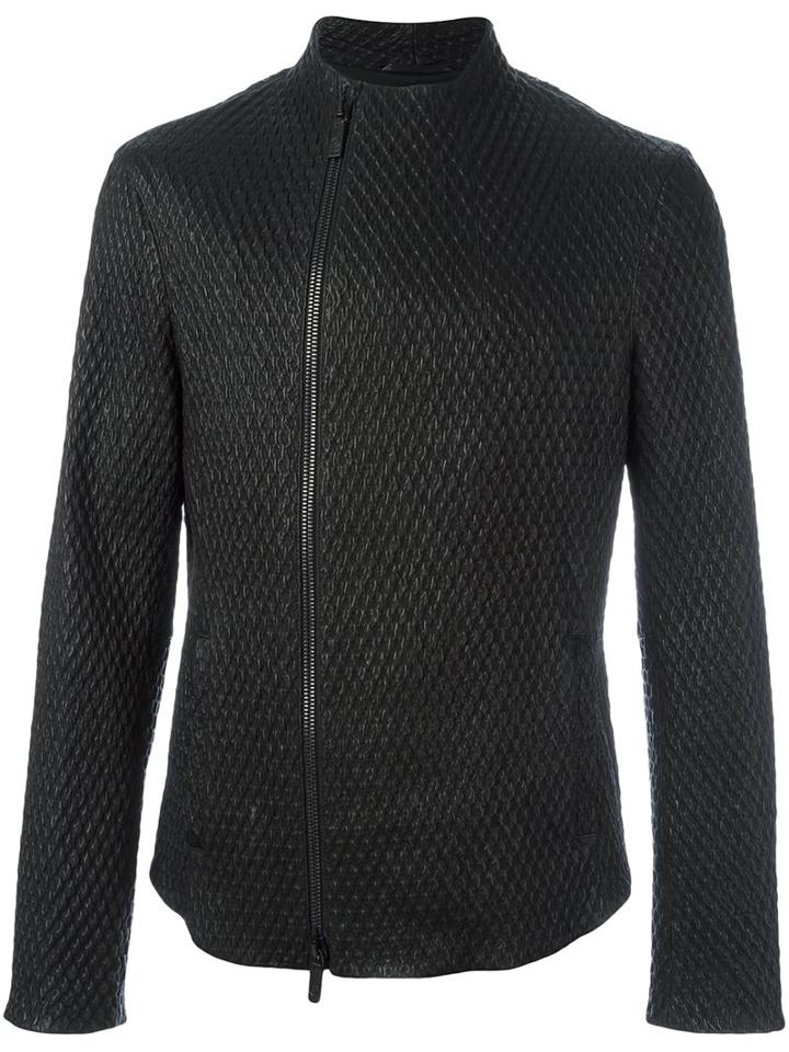 Giorgio Armani 3d Effect Biker Jacket, Men's, Size: 52, Black, Lamb Skin/cotton/lyocell