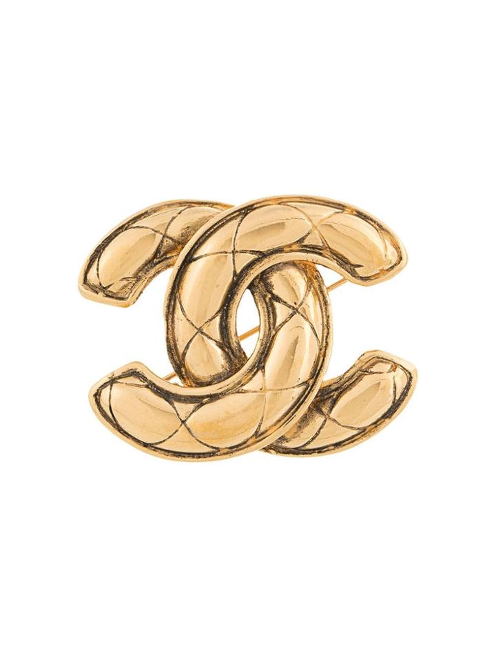 Chanel Vintage Matelasse Stitch Cc Brooch - Gold