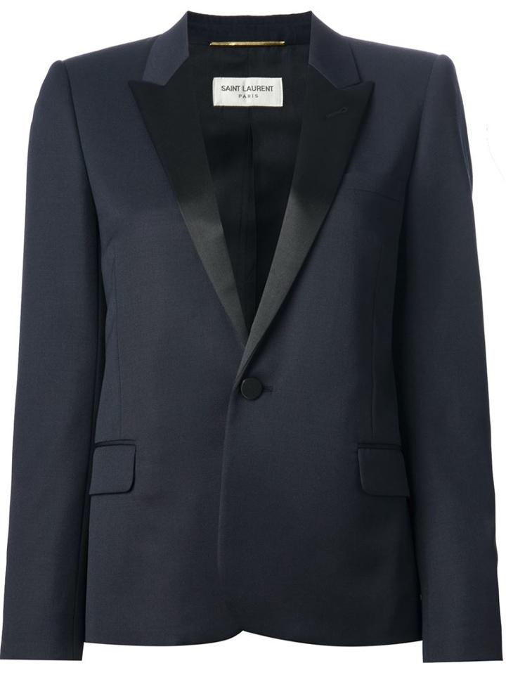 Saint Laurent Contrast Lapel Blazer, Women's, Size: 40, Blue, Wool