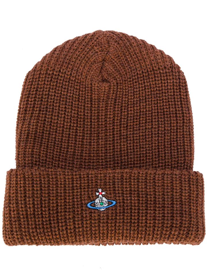 Vivienne Westwood Ribbed Logo Beanie Hat - Brown