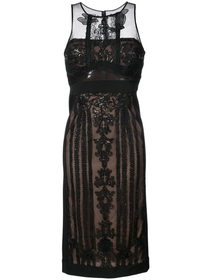 Marchesa Notte Lace Embroidered Midi Dress - Black