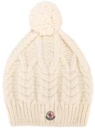 Moncler Pompom Cable Knit Beanie, Women's, White, Acrylic/wool/alpaca