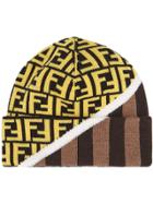 Fendi Ff Motif Dual-pattern Beanie Hat - Brown