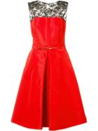 Oscar De La Renta Inverted Pleat Flare Dress, Women's, Size: 0, Red, Silk