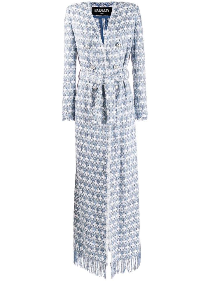 Balmain Fringe Detail Belted Coat - Blue