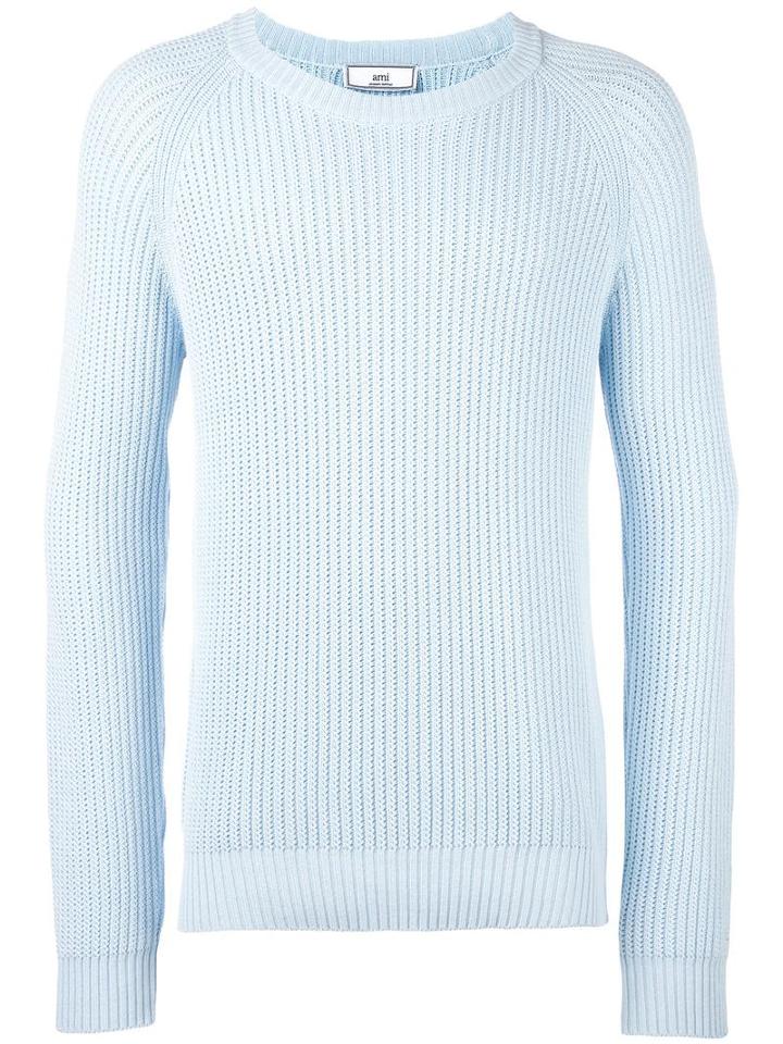 Ami Alexandre Mattiussi Raglan Sleeve Crew Neck Sweater, Men's, Size: Xl, Blue, Cotton