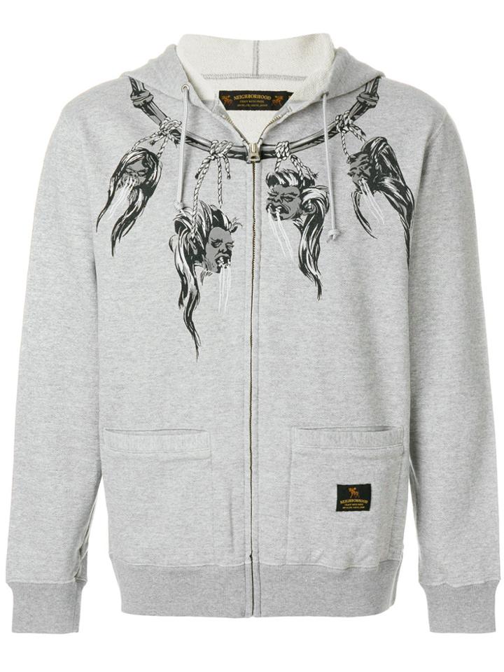 Neighborhood Heads Print Zipped Hoodie - Grey
