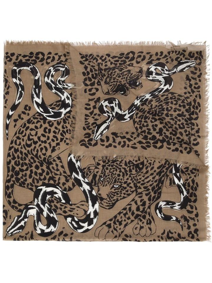 Alexander Mcqueen - Leopard And Snake Fight Scarf - Women - Silk/modal - One Size, Women's, Brown, Silk/modal