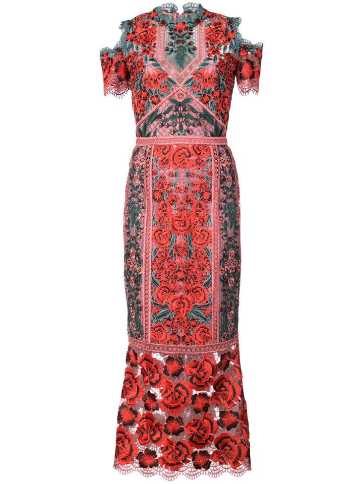 Marchesa Notte Floral Lace Cold Shoulder Dress - Pink & Purple