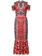 Marchesa Notte Floral Lace Cold Shoulder Dress - Pink & Purple