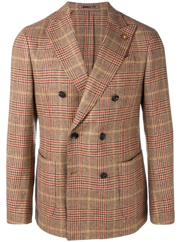 Lardini Checked Double Breasted Blazer - Nude & Neutrals
