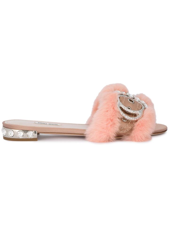 Miu Miu Pink Fur Crystal Buckle Slides - Pink & Purple
