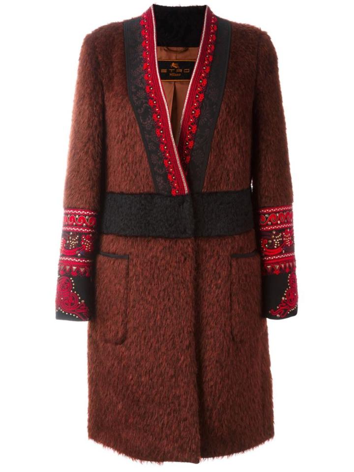 Etro Embroidered Detail V-neck Coat, Women's, Size: 44, Pink/purple, Cotton/polyamide/acetate/metallic Fibre