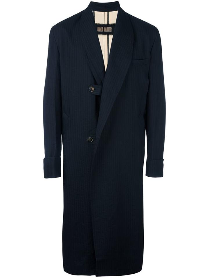 Uma Wang Pinstripe Dislocated Fastening Coat, Men's, Size: Medium, Blue, Cotton/ramie/viscose/virgin Wool