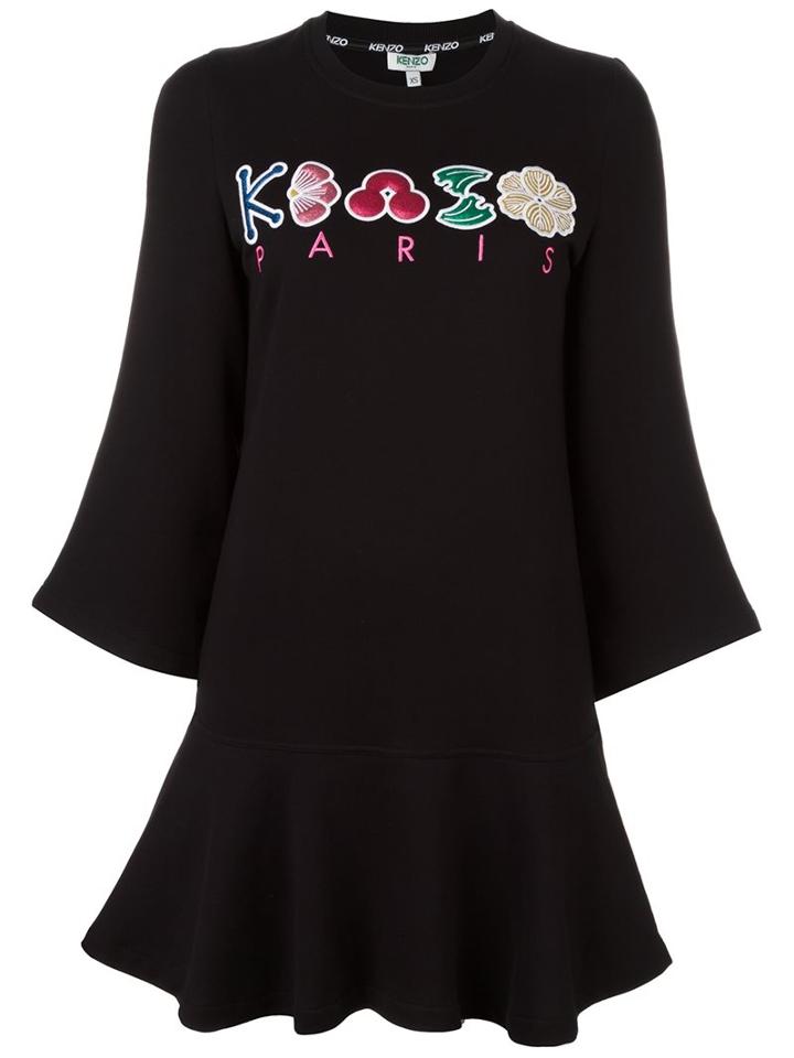 Kenzo Embroidered Flared Dress, Women's, Size: Small, Black, Cotton