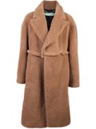 Off-white Oversized Shearling Coat - Brown