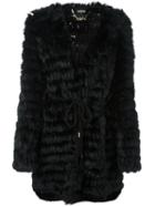 Just Cavalli V-neck Mid-length Coat, Women's, Size: Medium, Black, Rabbit Fur/acrylic/wool