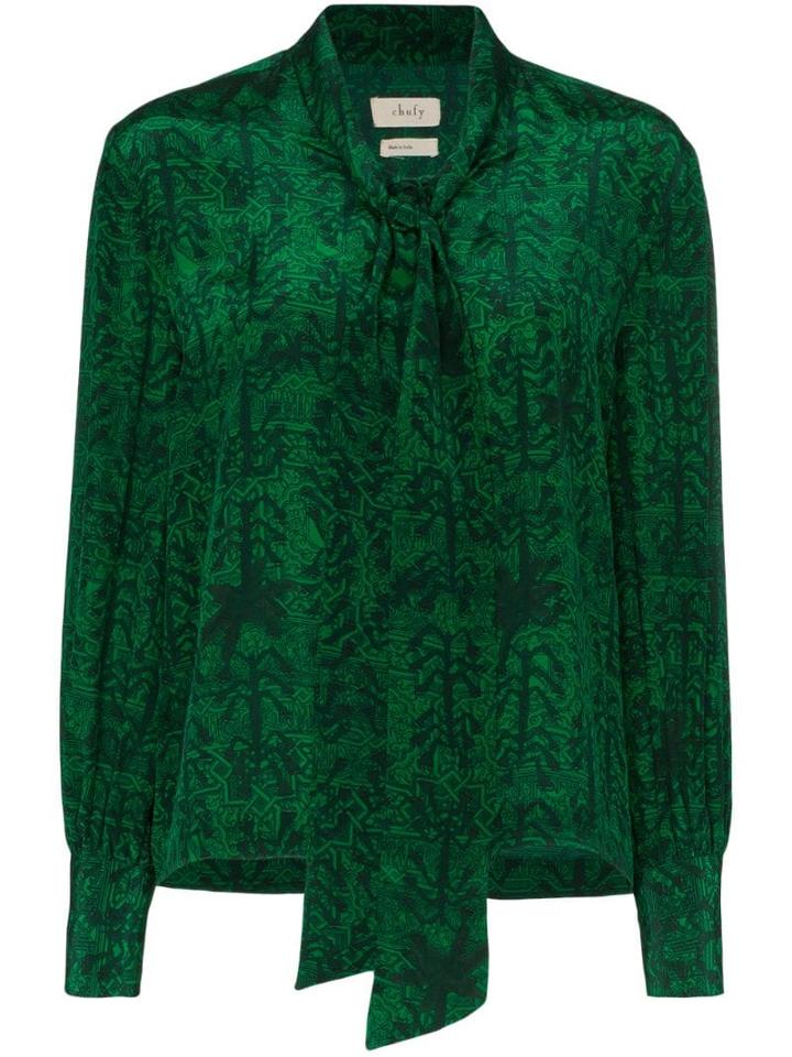 Chufy Printed Tie-neck Blouse - Green