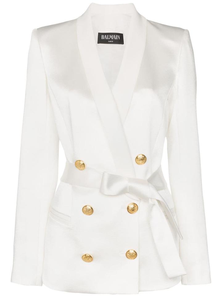 Balmain Gold Tone Button Belted Blazer - White