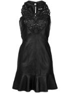 Just Cavalli Embroidered Neckline Leather Mini Dress - Black