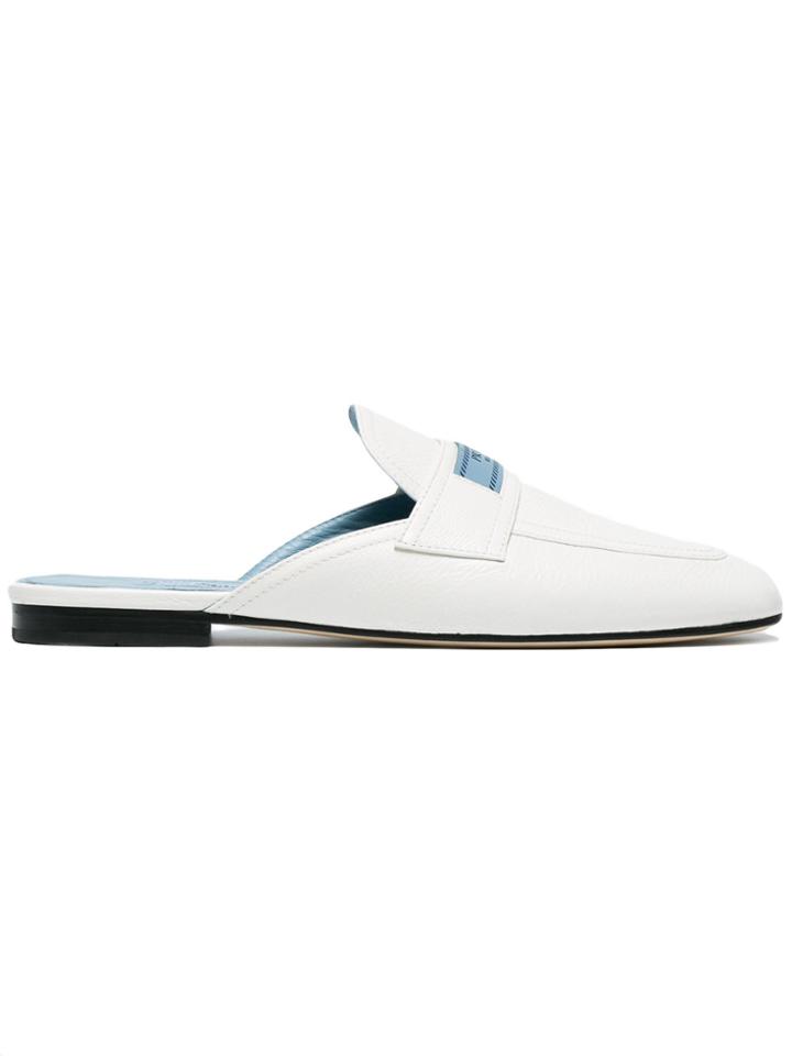 Prada Leather Backless Loafers With Logo - White
