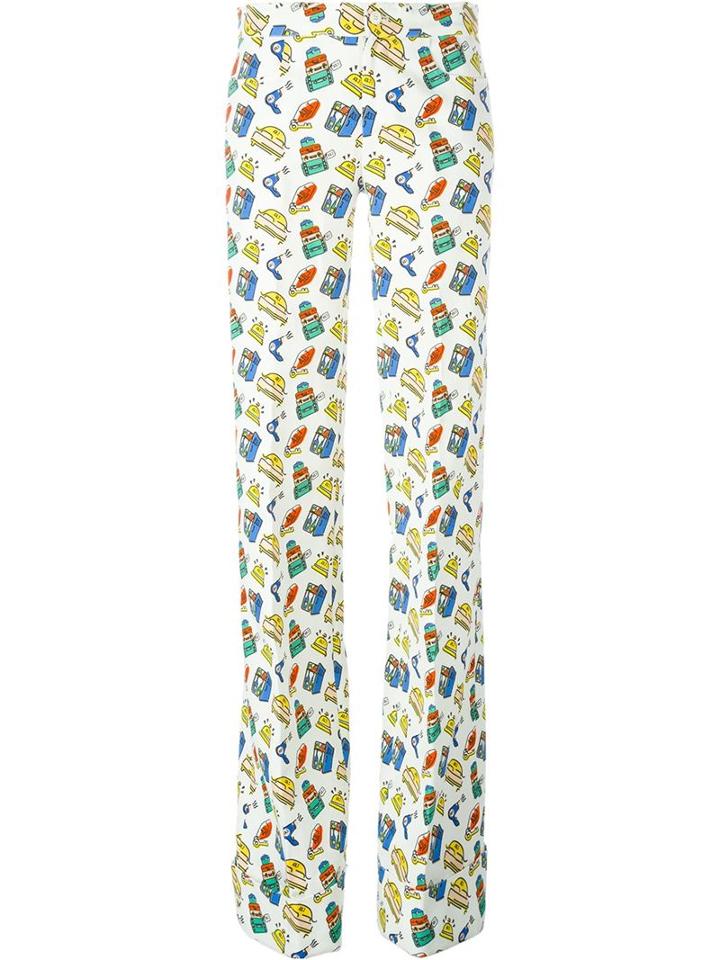 Au Jour Le Jour Travel Print Straight Trousers, Women's, Size: 40, White, Cotton/linen/flax