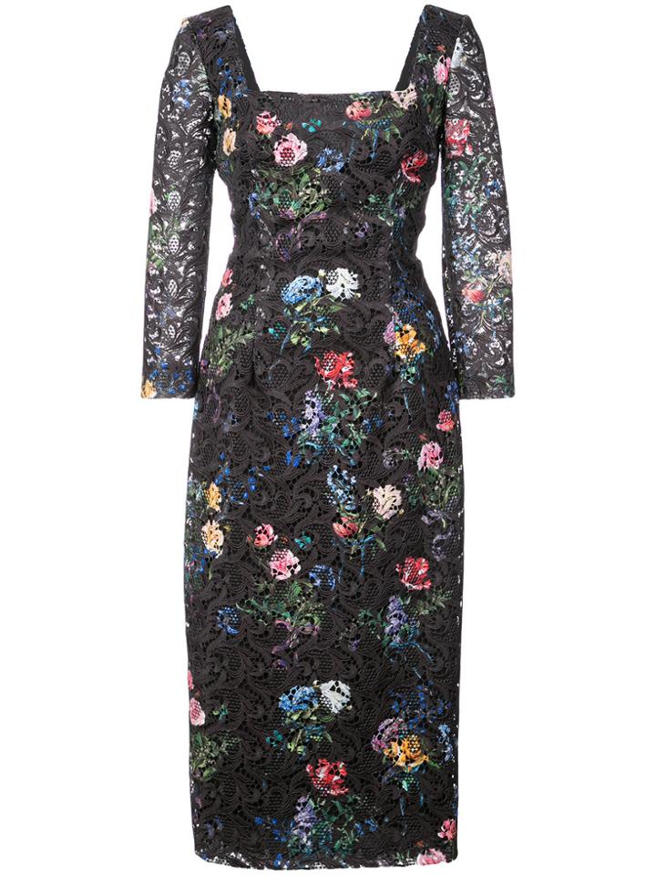 Monique Lhuillier Floral Embroidered Square Neck Dress - Black