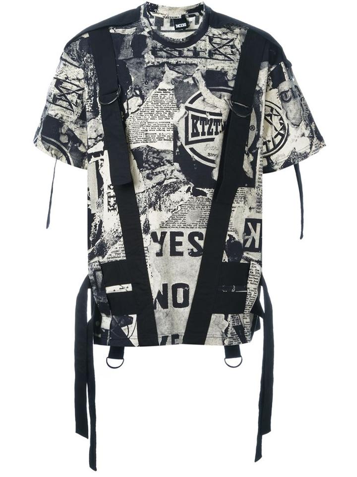 Ktz Newspaper Print Bondage T-shirt, Men's, Size: Large, Black, Cotton