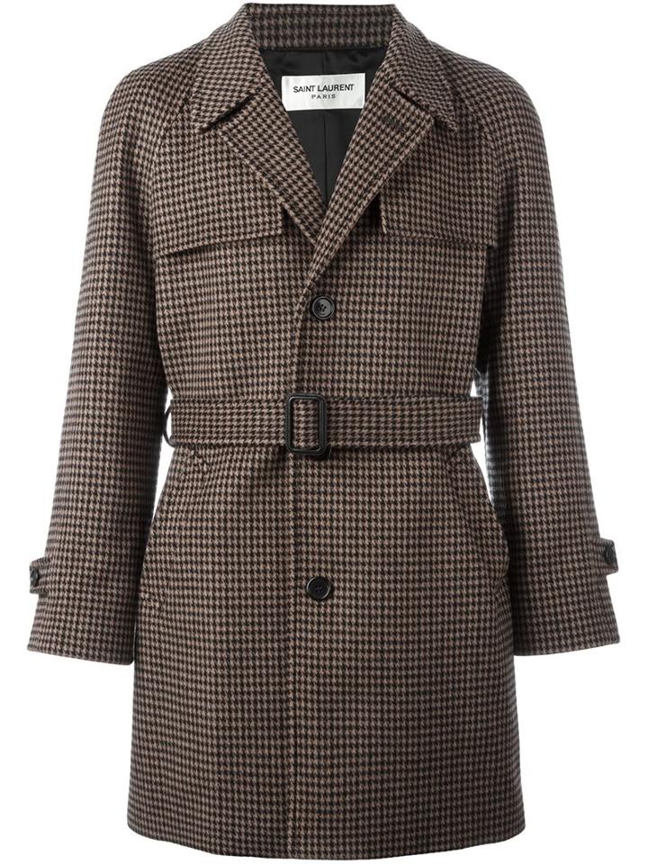 Saint Laurent Houndstooth Belted Coat, Men's, Size: 46, Brown, Cotton/cupro/virgin Wool