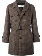 Saint Laurent Houndstooth Belted Coat, Men's, Size: 46, Brown, Cotton/cupro/virgin Wool