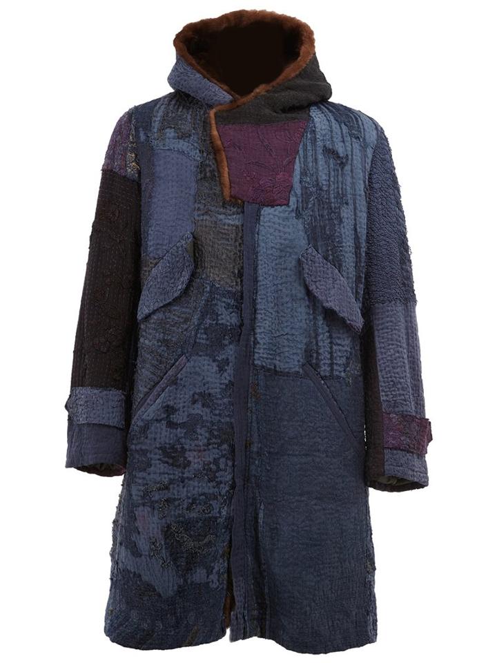 By Walid Embroidered Hooded Coat, Men's, Size: Medium, Blue, Cotton/mink Fur/silk