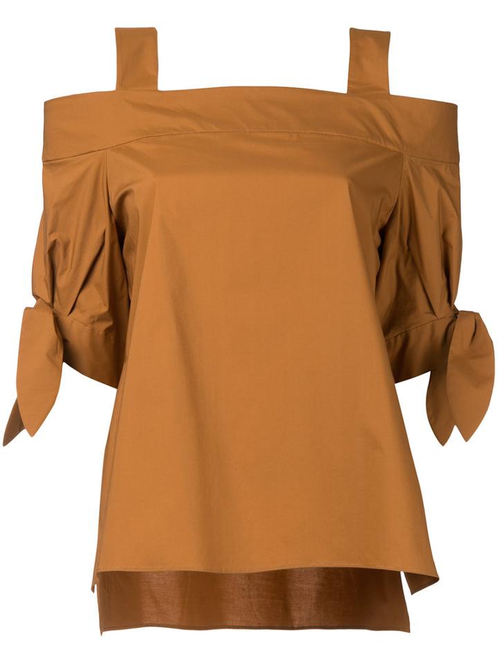 Estnation - Tied Sleeve Cold Shoulder Top - Women - Cotton - 38, Brown, Cotton