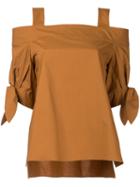 Estnation - Tied Sleeve Cold Shoulder Top - Women - Cotton - 38, Brown, Cotton
