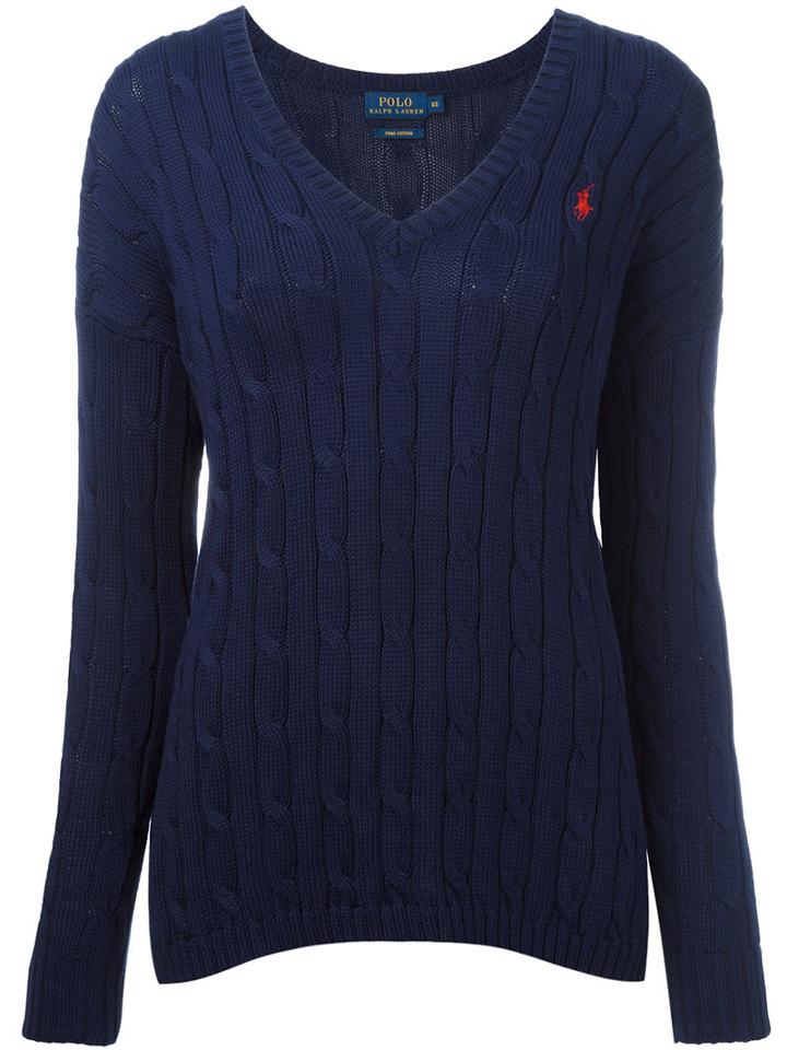 Polo Ralph Lauren Cable Knit V-neck Jumper, Women's, Size: Medium, Blue, Cotton