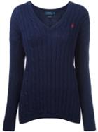 Polo Ralph Lauren Cable Knit V-neck Jumper, Women's, Size: Medium, Blue, Cotton