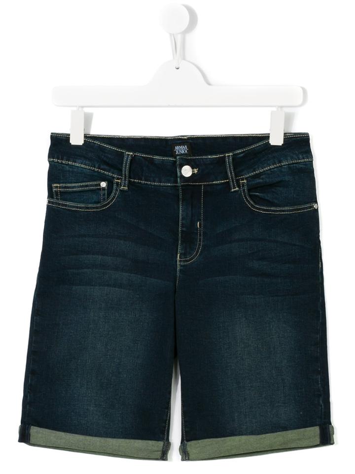 Armani Junior Stitched Detailing Denim Shorts - Blue