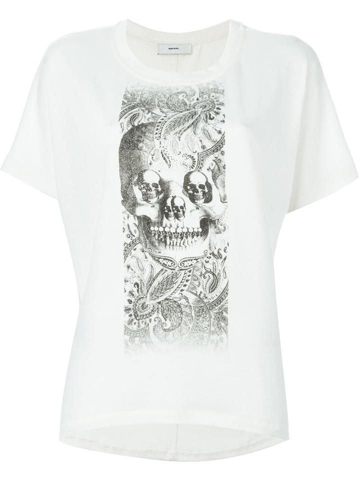 Diesel Skull Print T-shirt, Women's, Size: M, White, Cotton/polyester/rayon