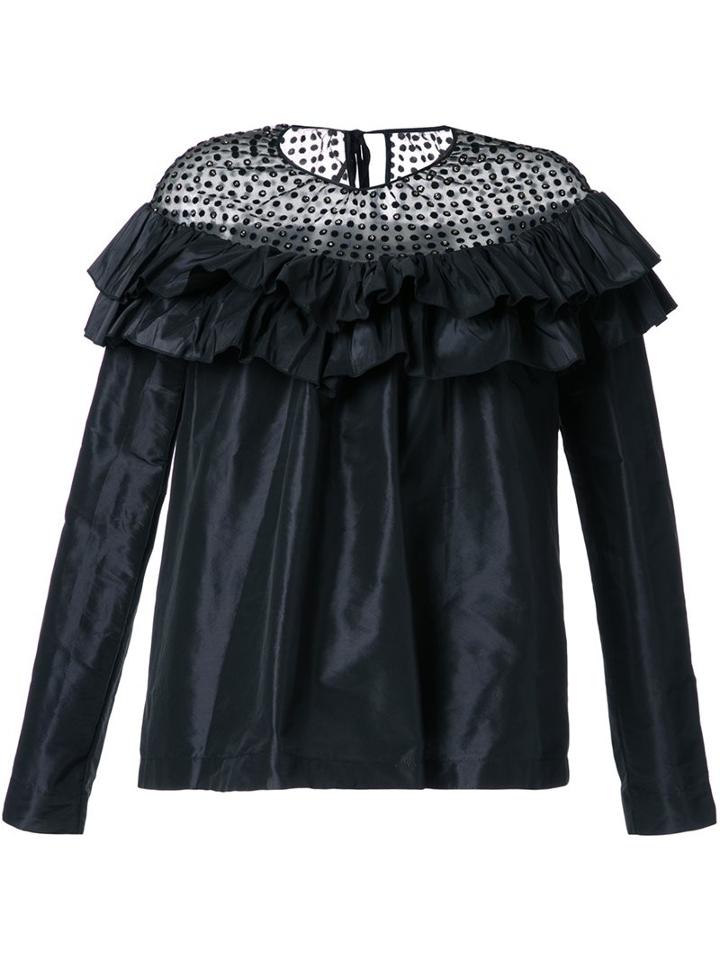 Isa Arfen Semi Sheer Panel Ruffle Blouse, Women's, Size: 8, Black, Silk/polyamide/polyester/viscose