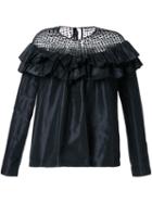 Isa Arfen Semi Sheer Panel Ruffle Blouse, Women's, Size: 8, Black, Silk/polyamide/polyester/viscose