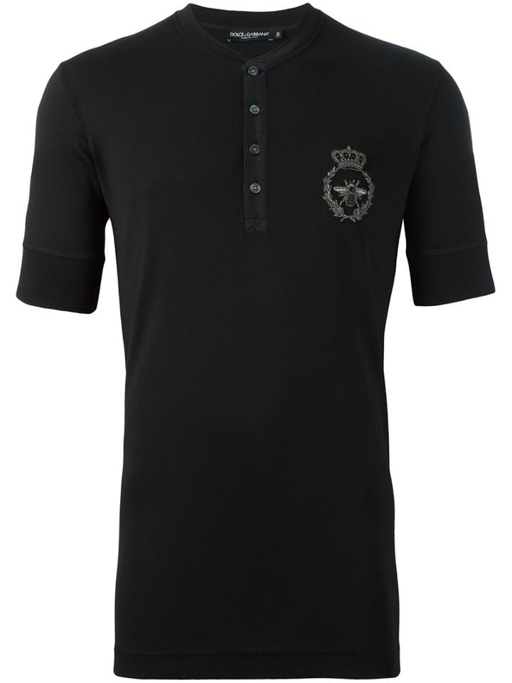 Dolce & Gabbana Crown & Bee Henley T-shirt, Men's, Size: 50, Black, Silk/cotton/copper/polyester