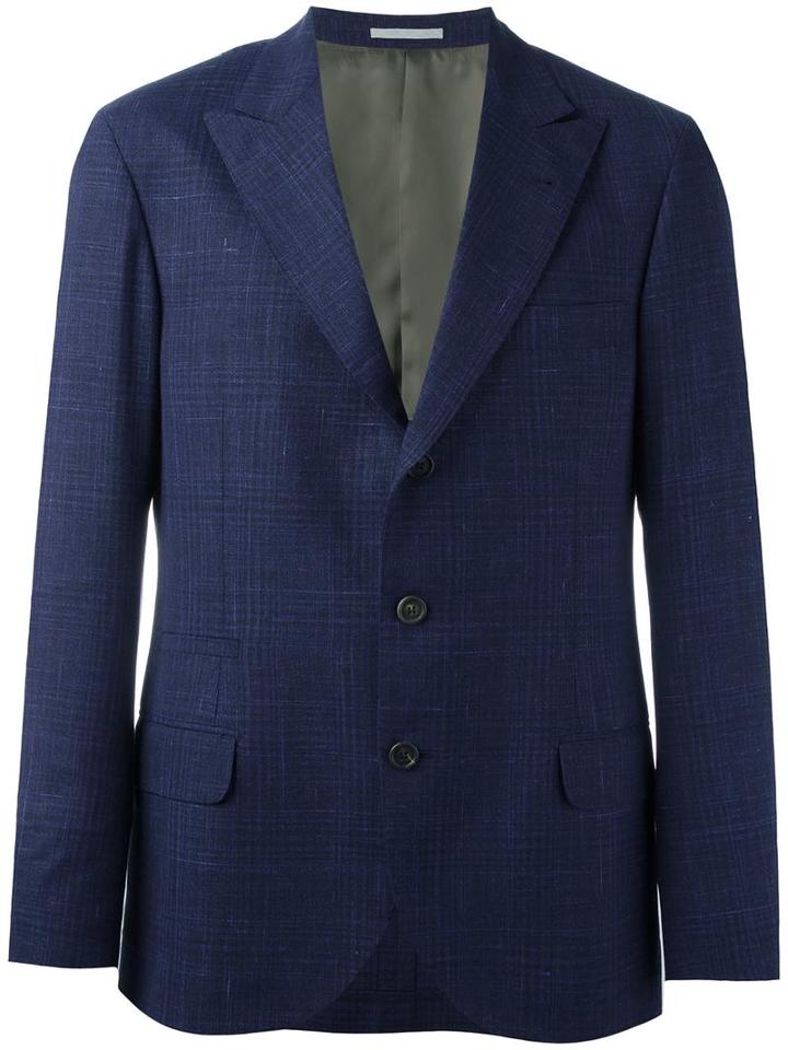 Brunello Cucinelli Checked Blazer, Men's, Size: 52, Blue, Cupro/virgin Wool/silk/linen/flax